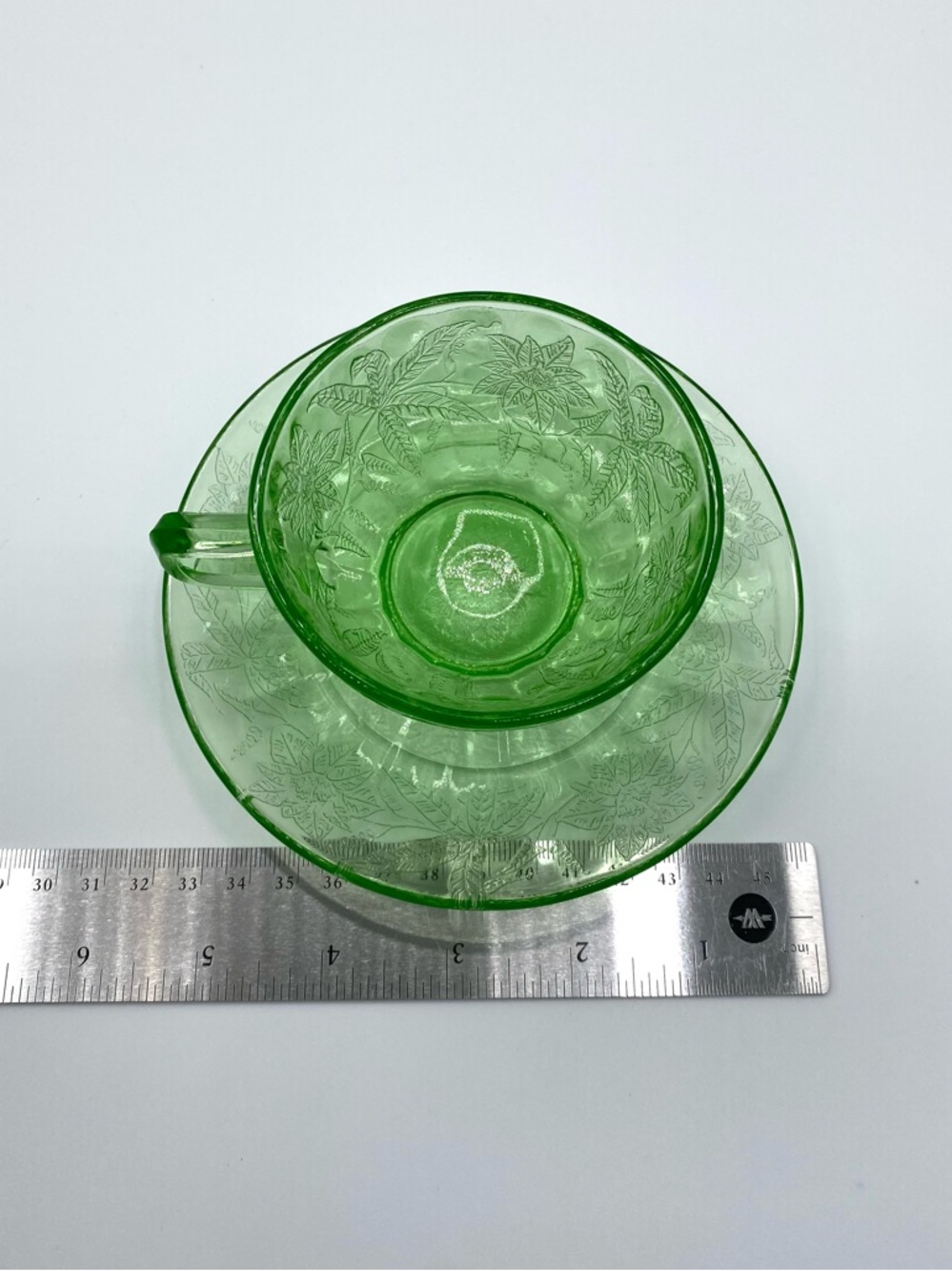 Vintage Jeannette Co. Uranium Green Depression Glass Teacup and Saucer Set 2 - Picture 12 of 12